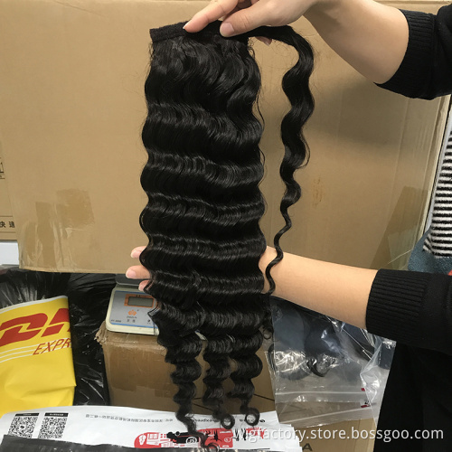 factory price good quality ponytail human hair extensions,100% brazilian human hair deep wave curly ponytail,clip in ponytails